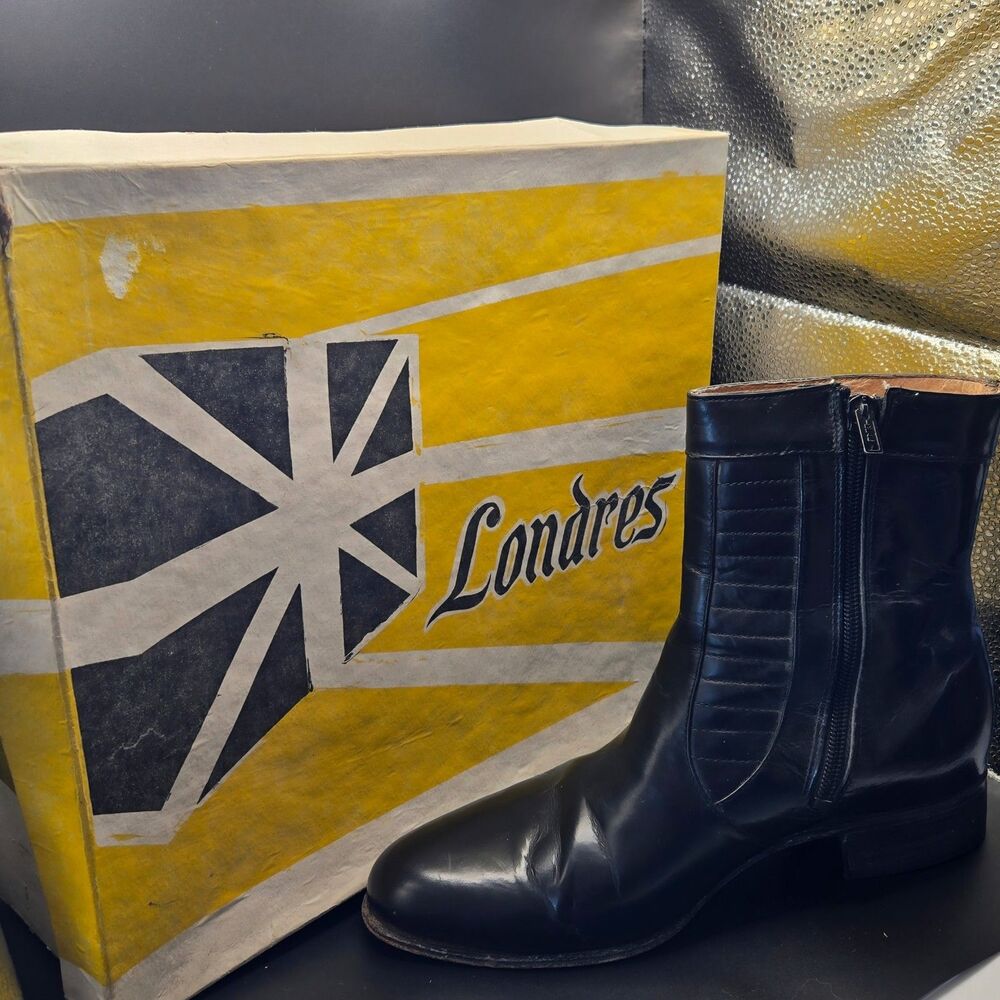 Vintage 3 Hermanos Londres Black Leather Stitched Sole Zip Ankle Boots Men 8.5